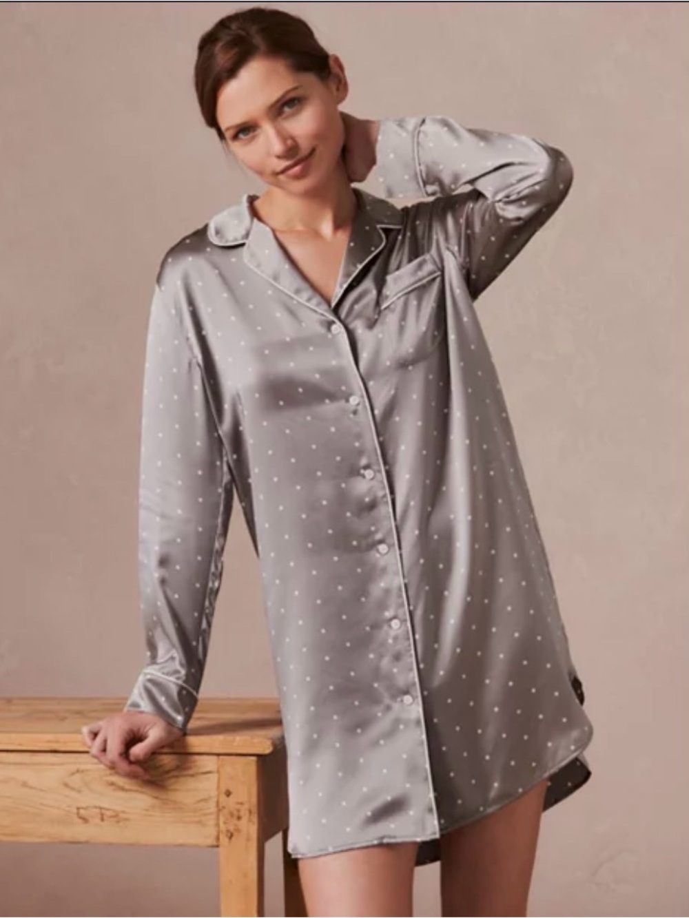 NWT The White Company Silk Polka Dot Sleep Shirt - Gray Size L